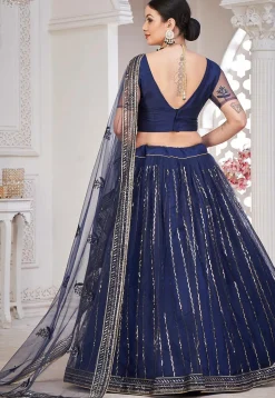 Embroidered Net Lehenga in Navy Blue