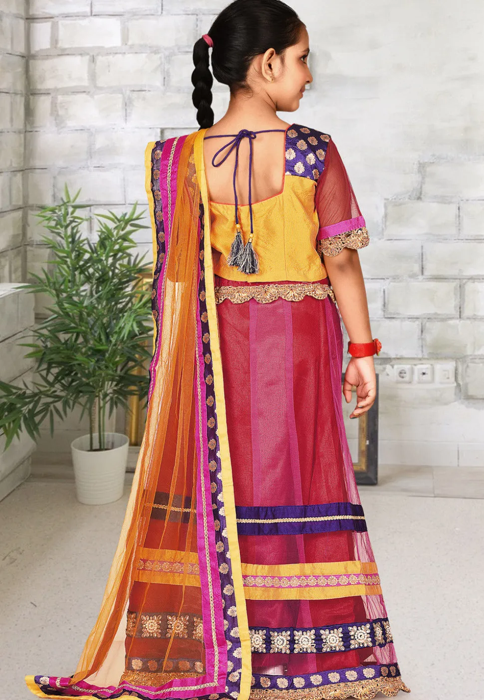 Embroidered Net Lehenga in Red and Pink