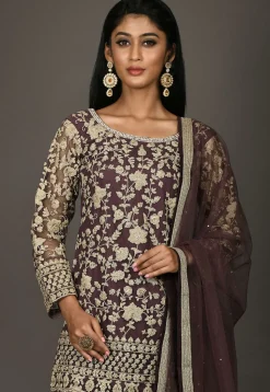 Embroidered Net Lehenga in Wine