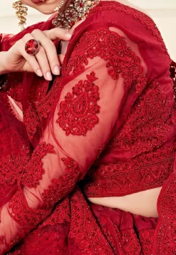 Embroidered Net Lehenga in Red