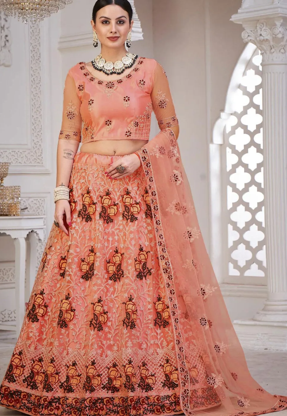 Embroidered Net Lehenga in Peach