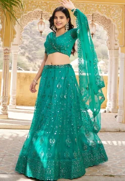 Embroidered Net Lehenga in Teal Green