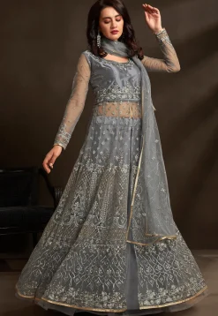 Embroidered Net Lehenga in Grey