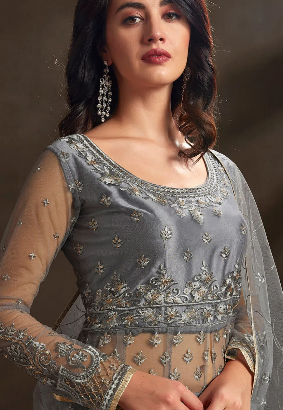 Embroidered Net Lehenga in Grey