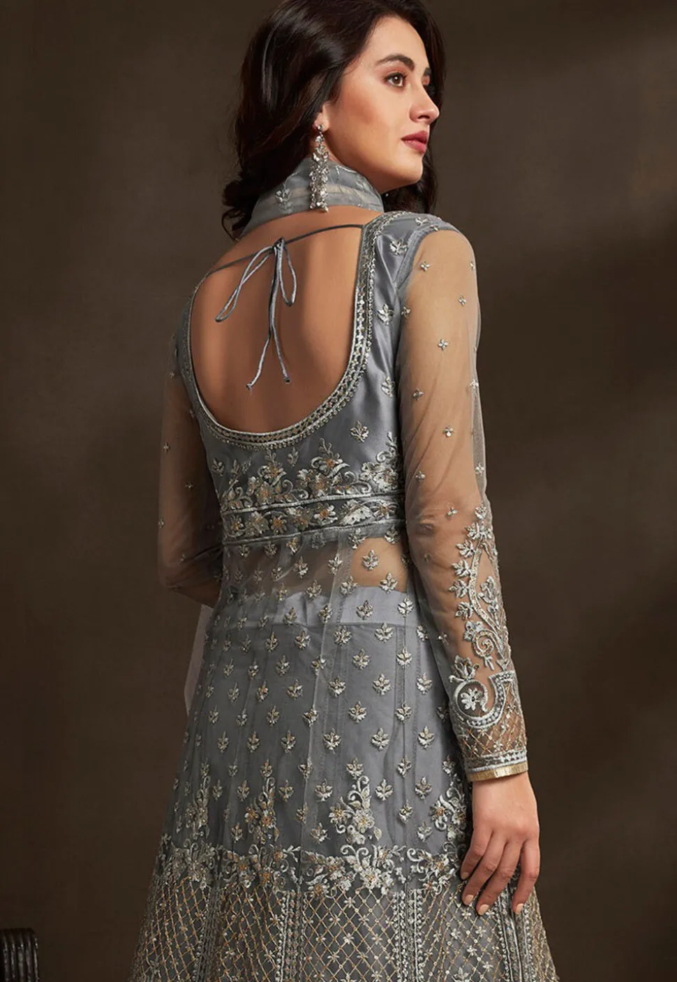 Embroidered Net Lehenga in Grey