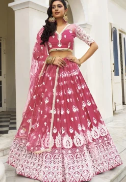 Embroidered Net Lehenga in Magenta