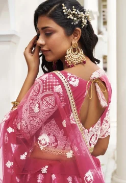 Embroidered Net Lehenga in Magenta