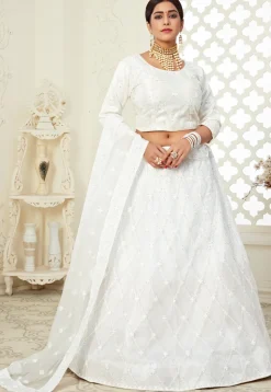 Embroidered Net Lehenga in Off White