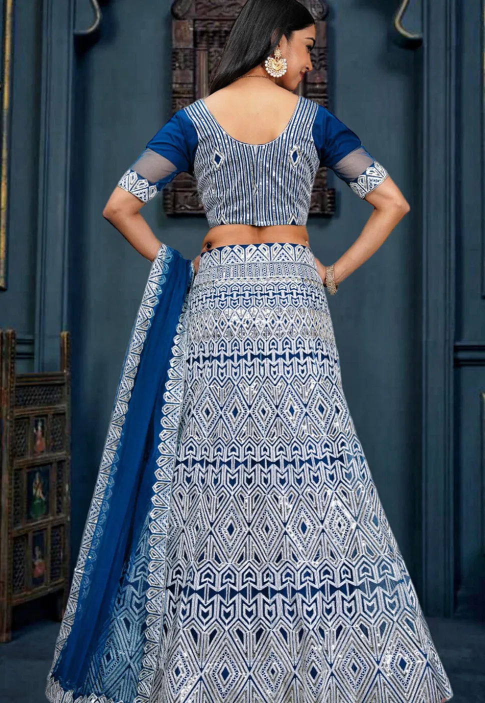 Embroidered Net Lehenga in Blue