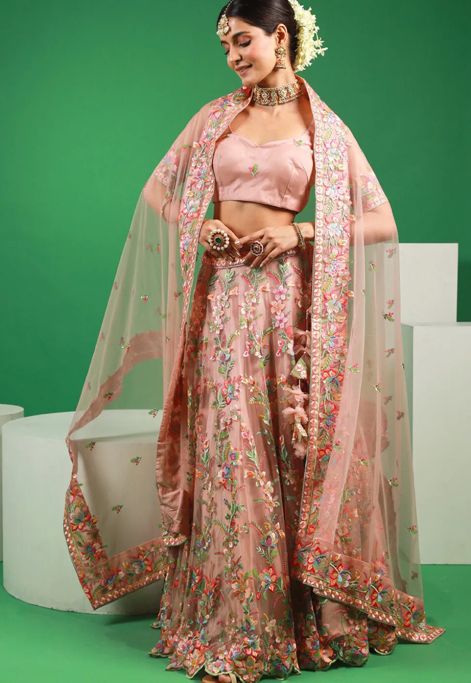 Embroidered Net Lehenga in Peach