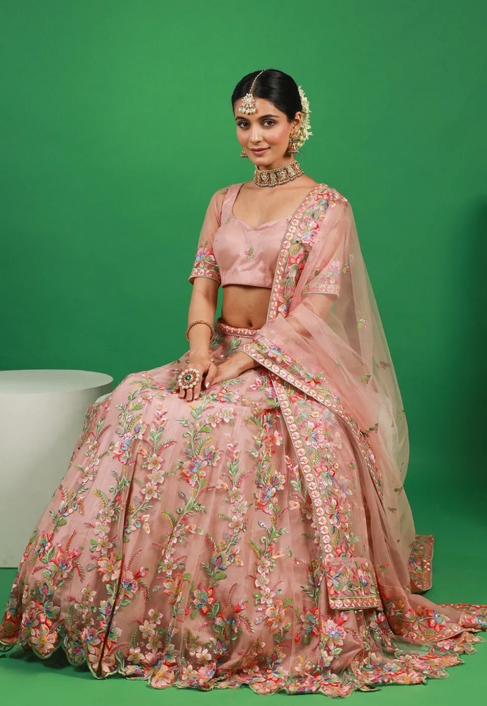 Embroidered Net Lehenga in Peach