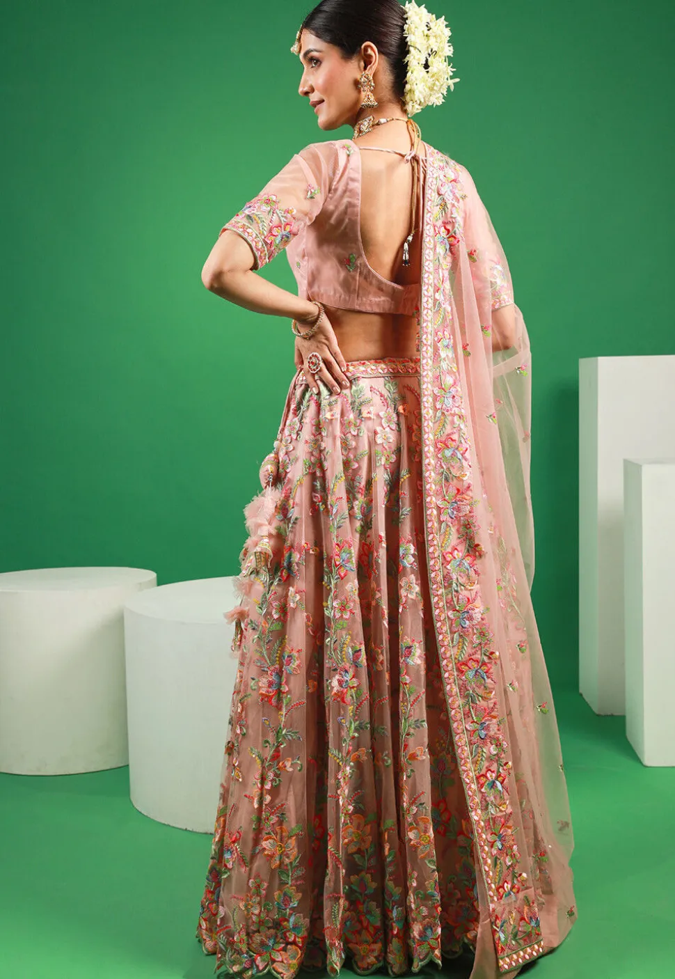 Embroidered Net Lehenga in Peach