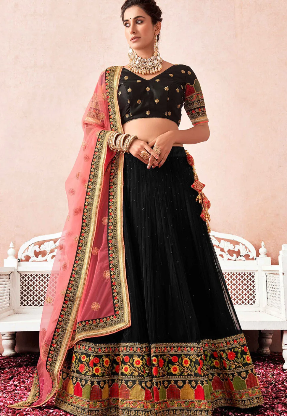 Embroidered Net Lehenga in Black