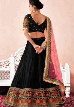 Embroidered Net Lehenga in Black