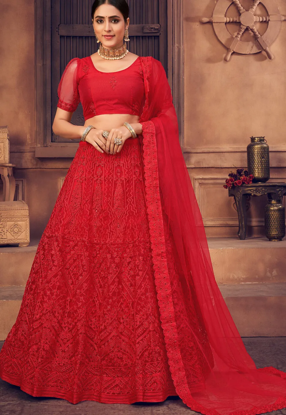 Embroidered Net Lehenga in Red