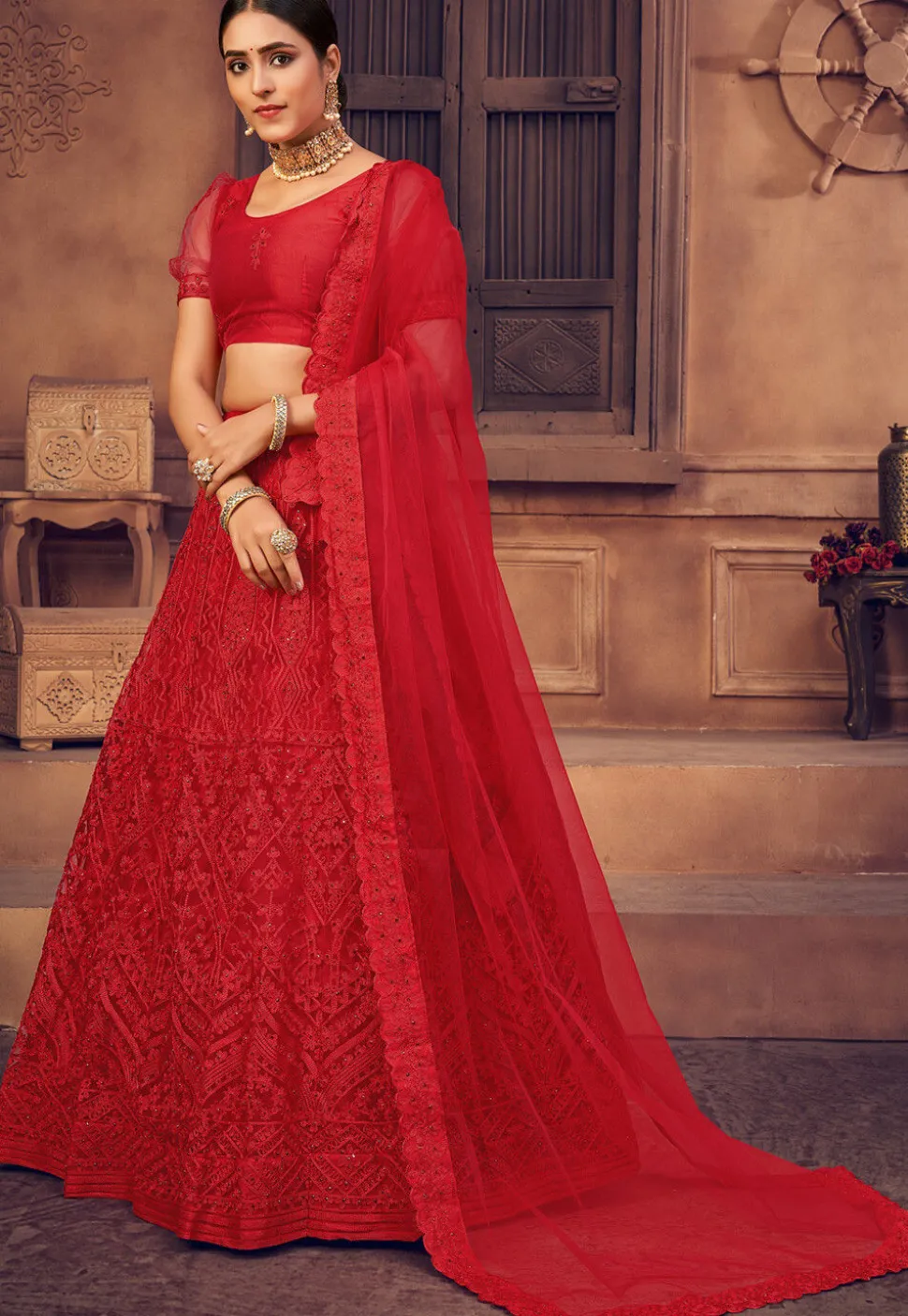 Embroidered Net Lehenga in Red