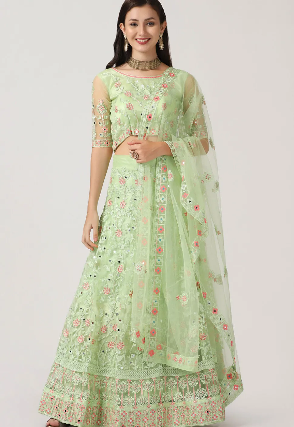 Embroidered Net Lehenga in Light Green