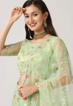 Embroidered Net Lehenga in Light Green
