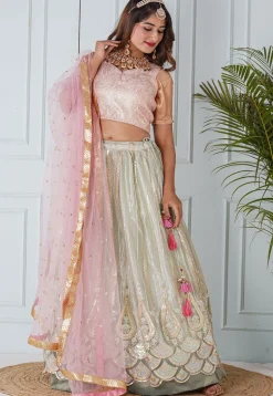 Embroidered Net Lehenga in Pastel Green
