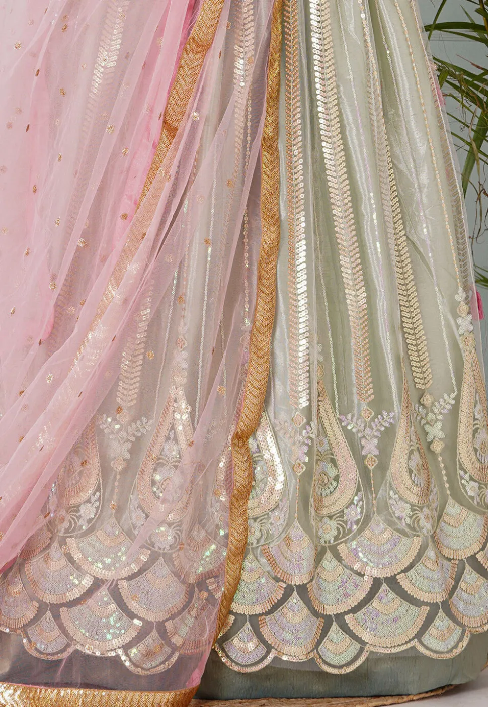 Embroidered Net Lehenga in Pastel Green