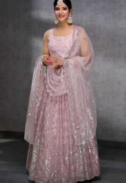 Embroidered Net Lehenga in Pink