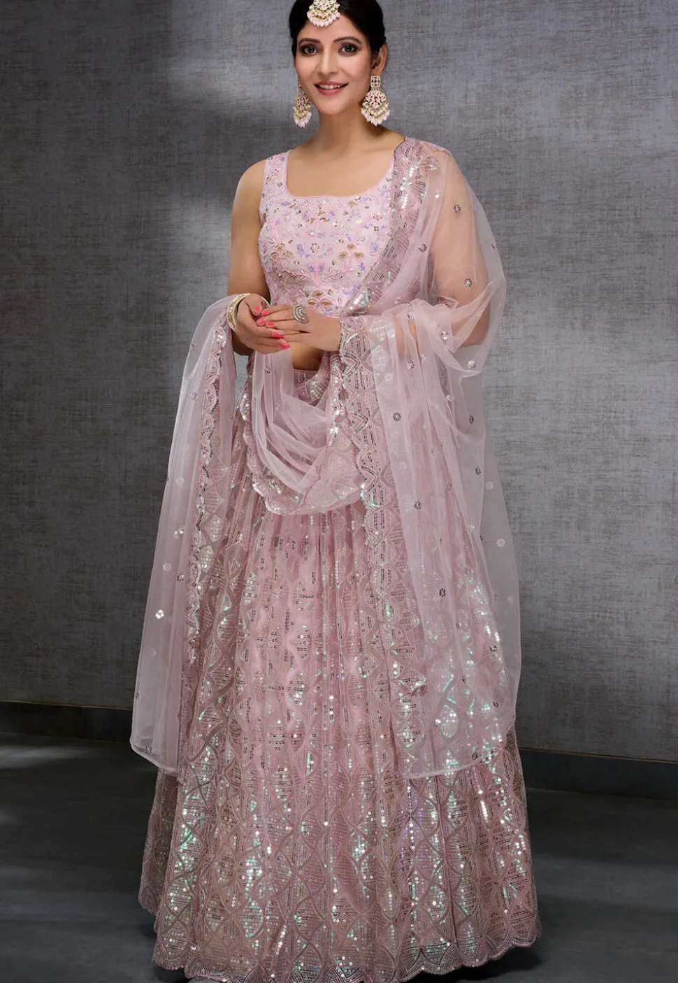 Embroidered Net Lehenga in Pink