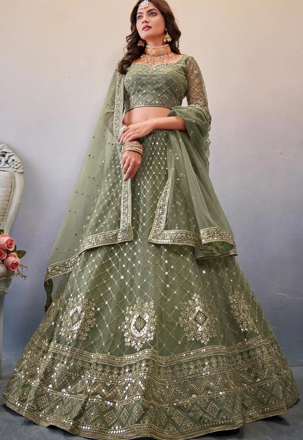 Embroidered Net Lehenga in Light Olive Green