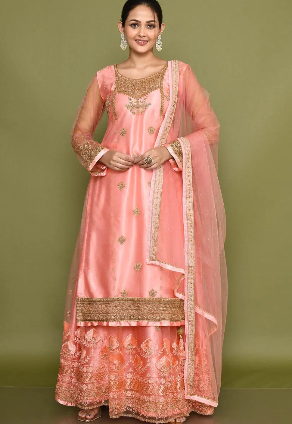 Embroidered Net Lehenga in Pink