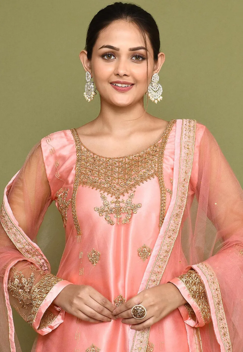 Embroidered Net Lehenga in Pink