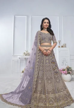 Embroidered Net Lehenga in Purple