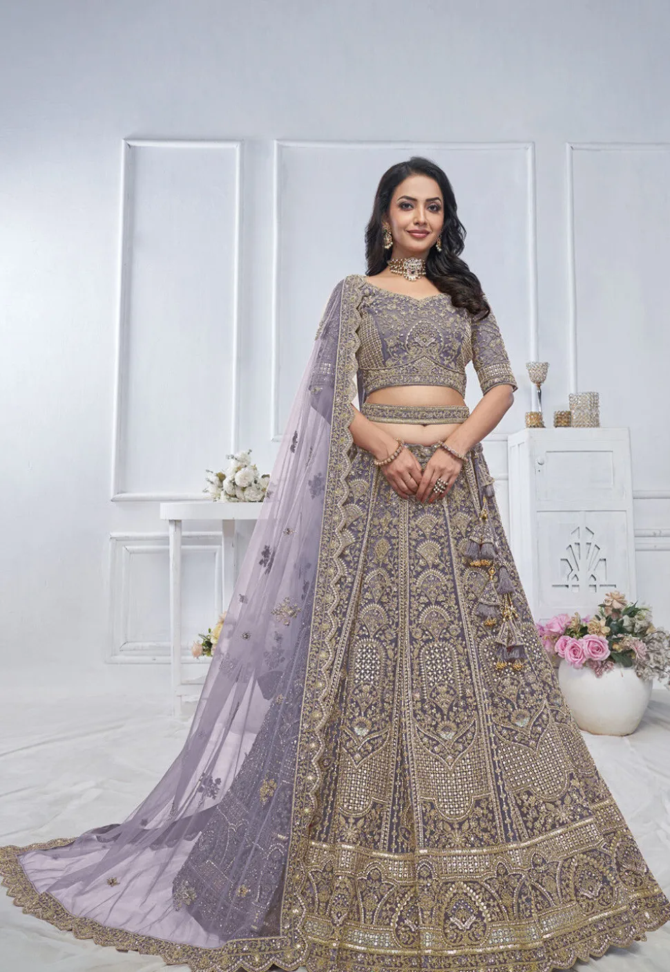 Embroidered Net Lehenga in Purple
