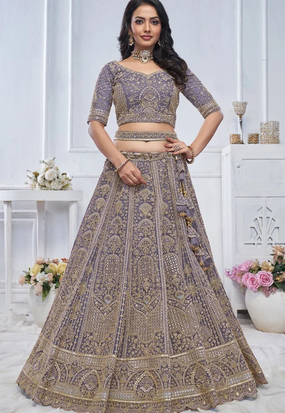 Embroidered Net Lehenga in Purple