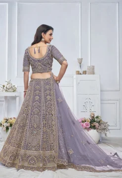 Embroidered Net Lehenga in Purple
