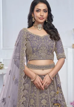 Embroidered Net Lehenga in Purple