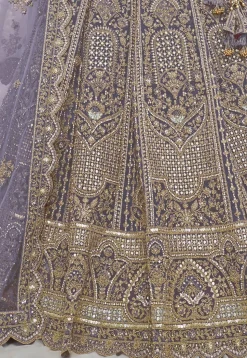 Embroidered Net Lehenga in Purple