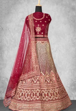 Embroidered Net Lehenga in Maroon