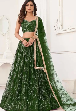 Embroidered Net Lehenga in Green