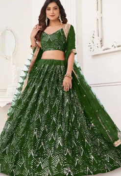 Embroidered Net Lehenga in Green