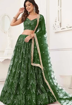 Embroidered Net Lehenga in Green