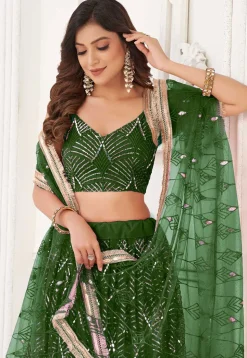 Embroidered Net Lehenga in Green