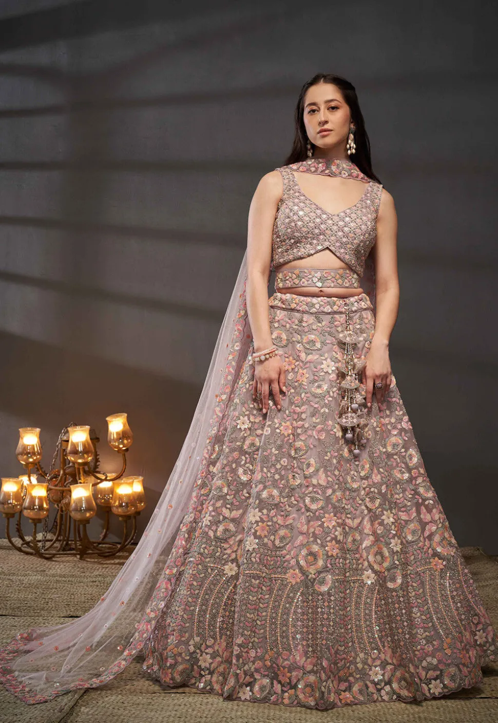 Embroidered Net Lehenga in Old Rose