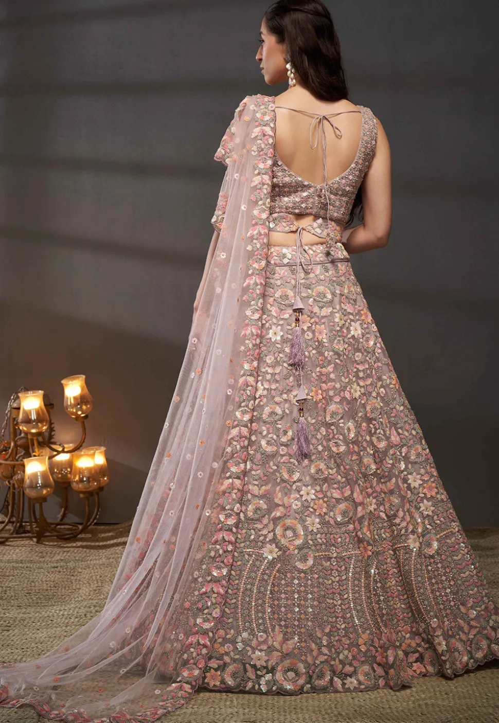 Embroidered Net Lehenga in Old Rose