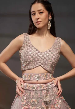 Embroidered Net Lehenga in Old Rose
