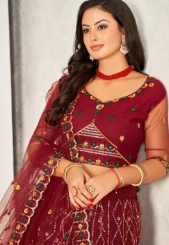 Embroidered Net Lehenga in Maroon