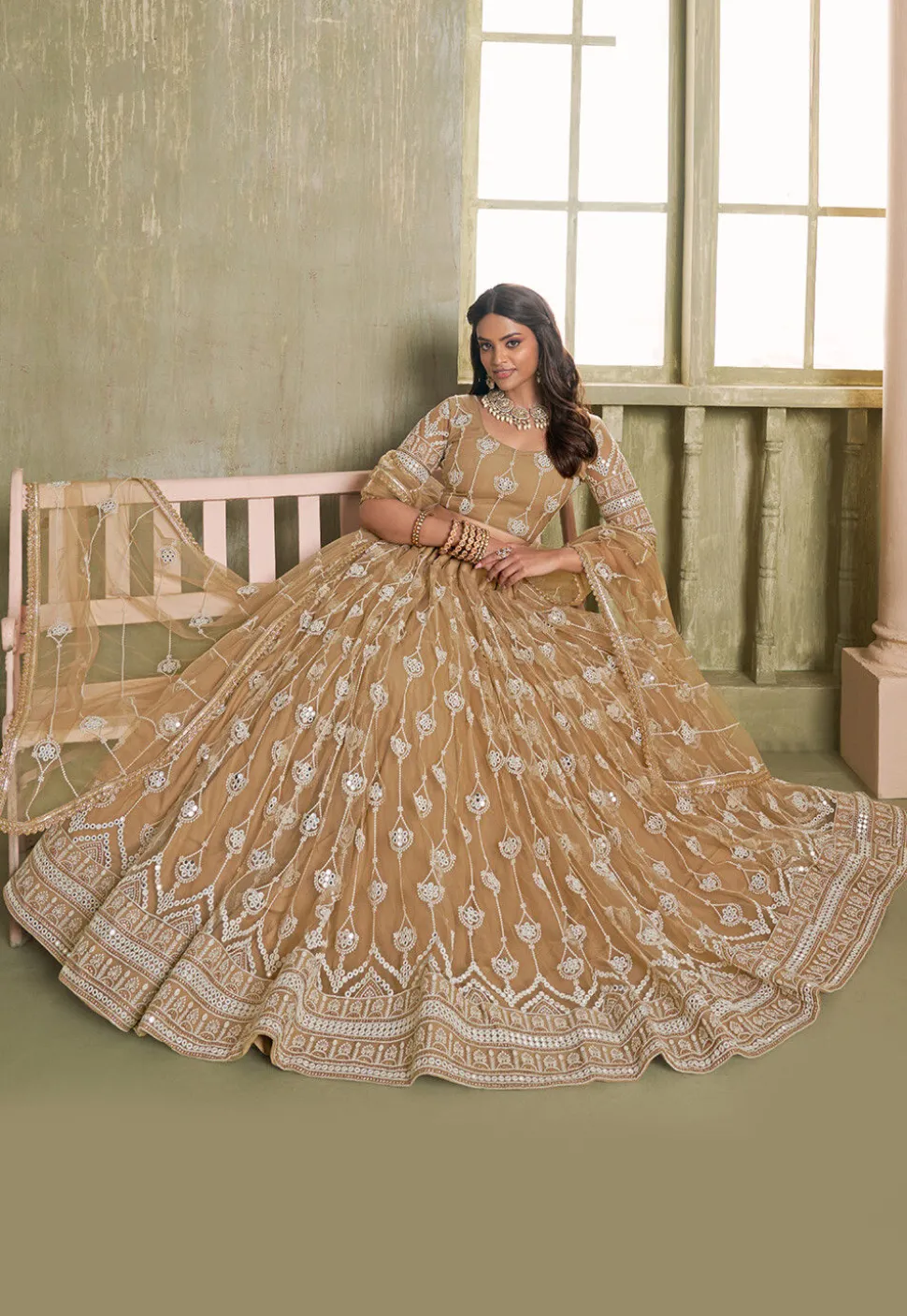 Embroidered Net Lehenga in Beige