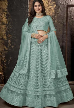 Embroidered Net Lehenga in Sea Green