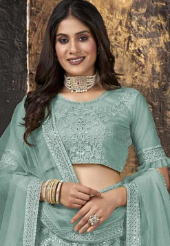 Embroidered Net Lehenga in Sea Green