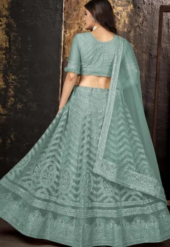 Embroidered Net Lehenga in Sea Green