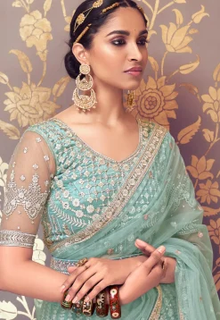 Embroidered Net Lehenga in Light Blue