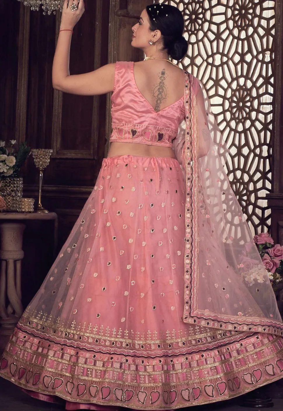 Embroidered Net Lehenga in Pink